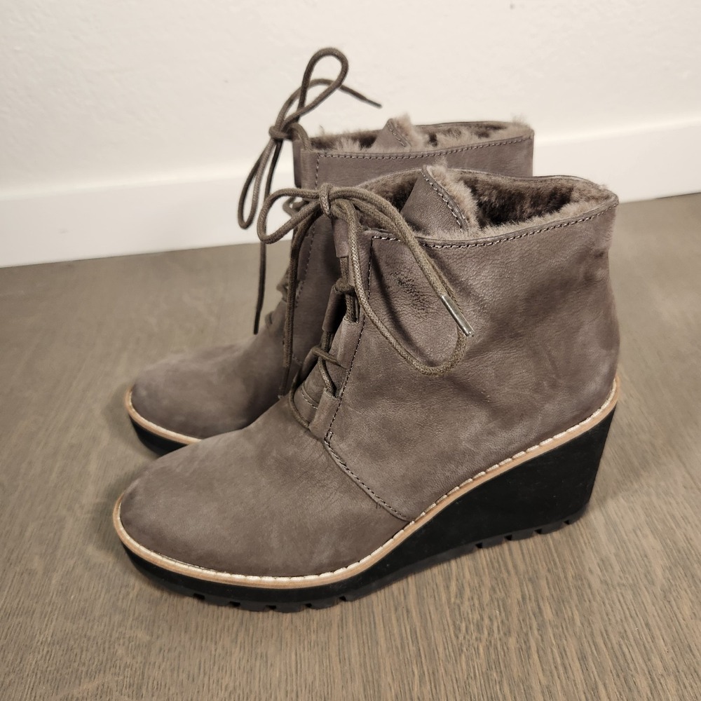 New Eileen Fisher Alpine Graphite Leather Wedge Booties Fur Lined Grey 7.5 $275